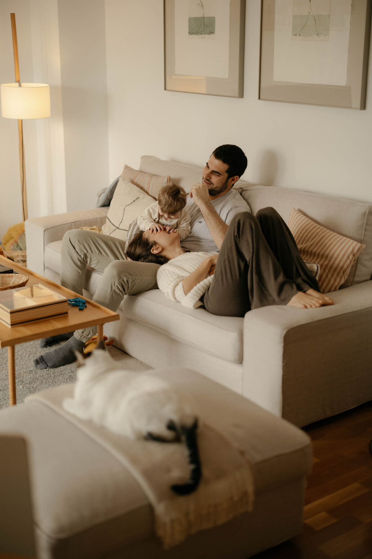 Family playing together on the sofa at home, cat nearby